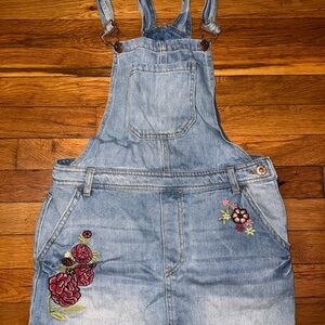 Embroidered Light Wash Denim Overalls - Floral Detail
